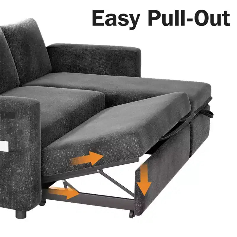 2-in-1 Schlafsofa zum Ausziehen mit Stauraum-Recamiere, Chenille-Ecksofa mit USB-Anschlüssen für das Wohnzimmer