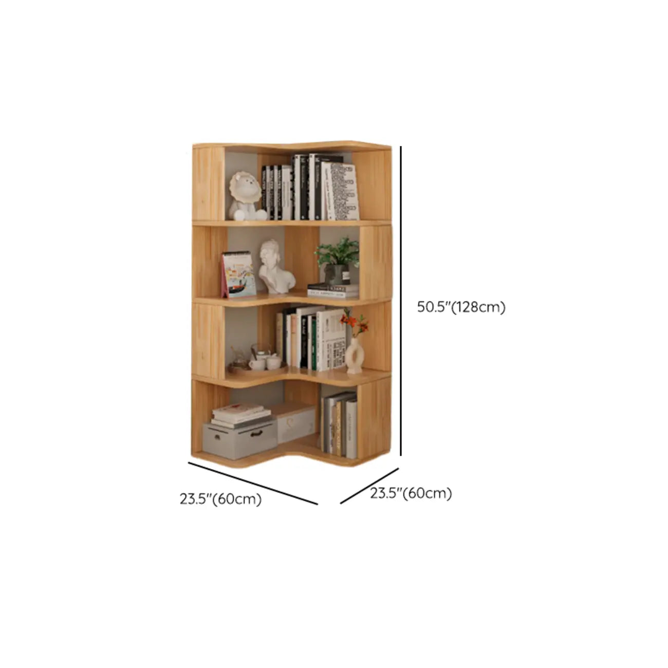 L-förmiges offenes Bücherregal aus Holz mit Naturfinish