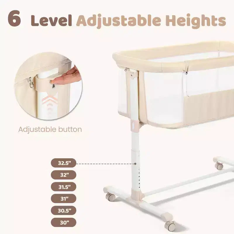Baby-Beistellbett mit Rollen – Beige / Grau / Rosa, Bettschläfer, für 1 Baby