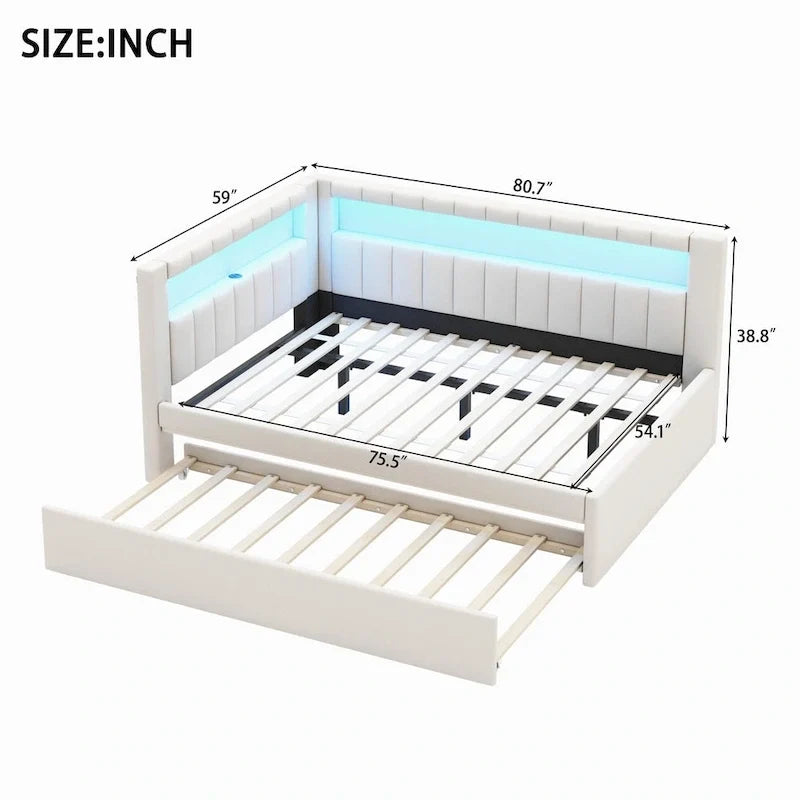 Gepolstertes Plattformbett mit USB-Anschlüssen & LED-Beleuchtung – Einzel-/Doppelbettgestell mit 2 Schubladen – Modernes Schlafzimmer
