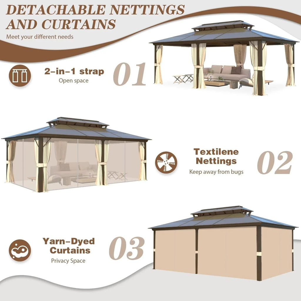 EROMMY Hardtop-Pavillon, Outdoor-Pergola mit Doppeldach & Netzen & Vorhängen, Hochleistungs-Canopy für Terrasse, Garten, Poolparty