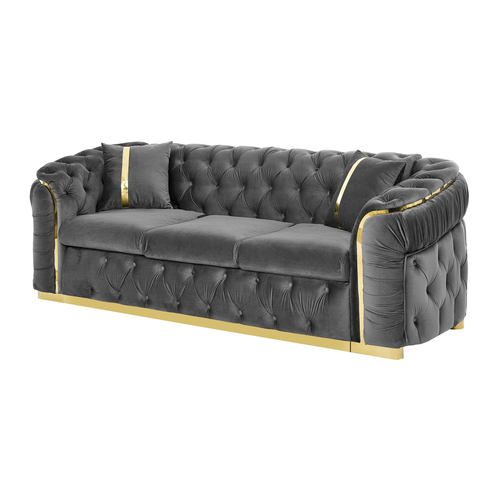 90.6 Samt-Dreisitzer-Sofa mit 2 Kissen, hochdichten Polstern, goldenen Akzenten und Kissen