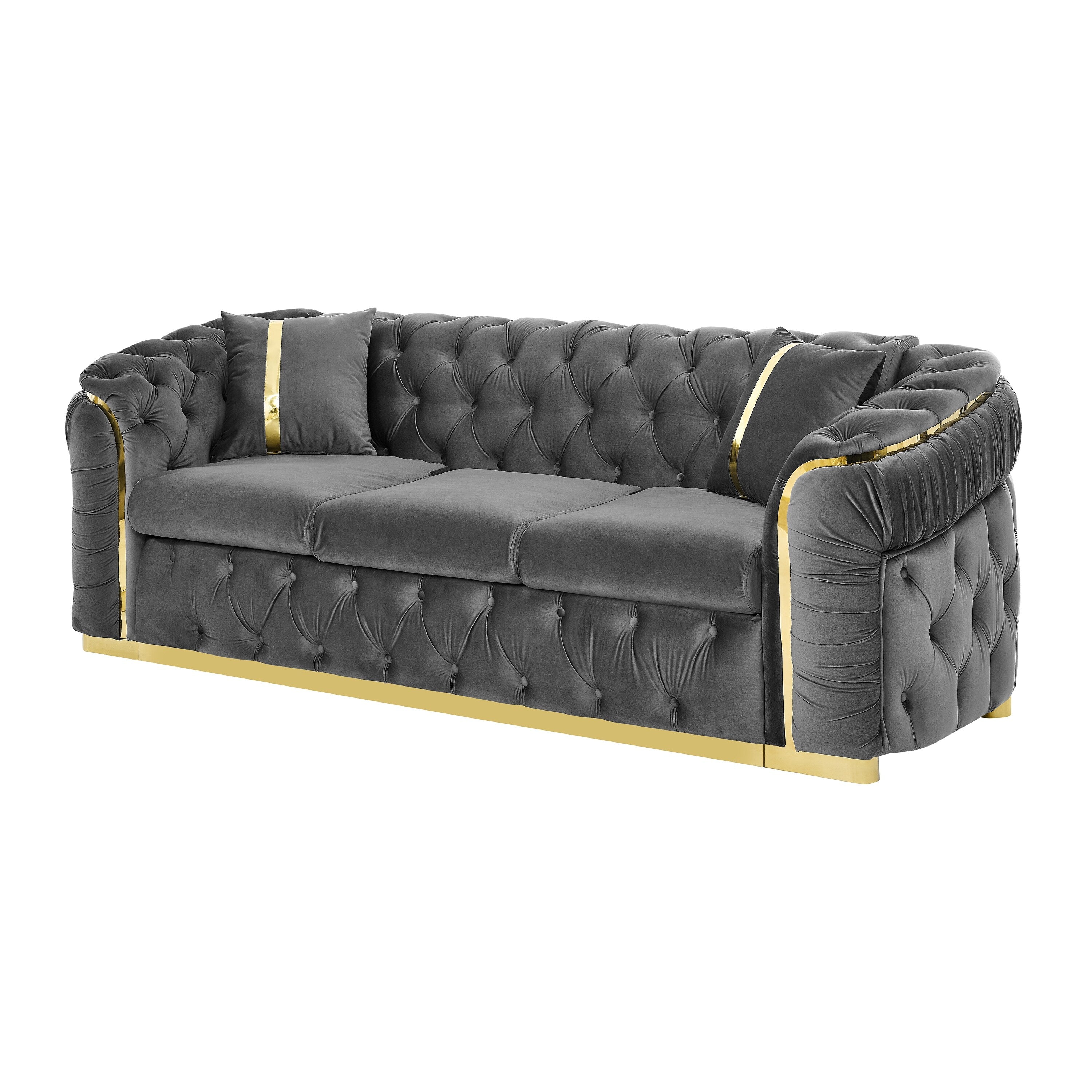 90.6 Samt-Dreisitzer-Sofa mit 2 Kissen, hochdichten Polstern, goldenen Akzenten und Kissen