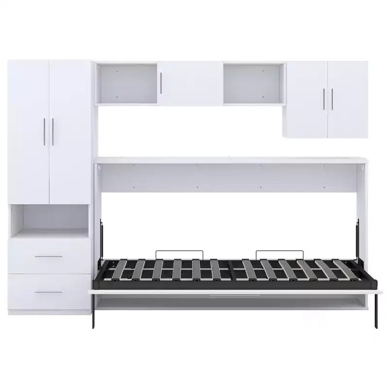 Murphy-Bettrahmen in Einzelbettgröße, Holzschrankbett mit integriertem Kleiderschrank, Aufbewahrungsschubladen und offenen Regalen, Weiß – ModernLuxe