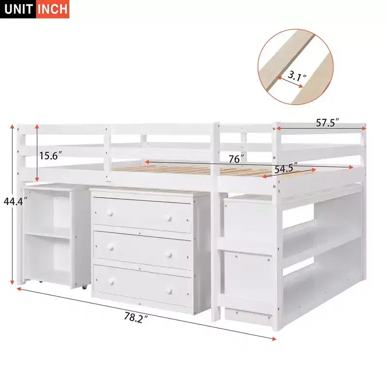 Niedriges Hochbett in voller Größe mit Rollschreibtisch, 3 Schubladen und Regalen