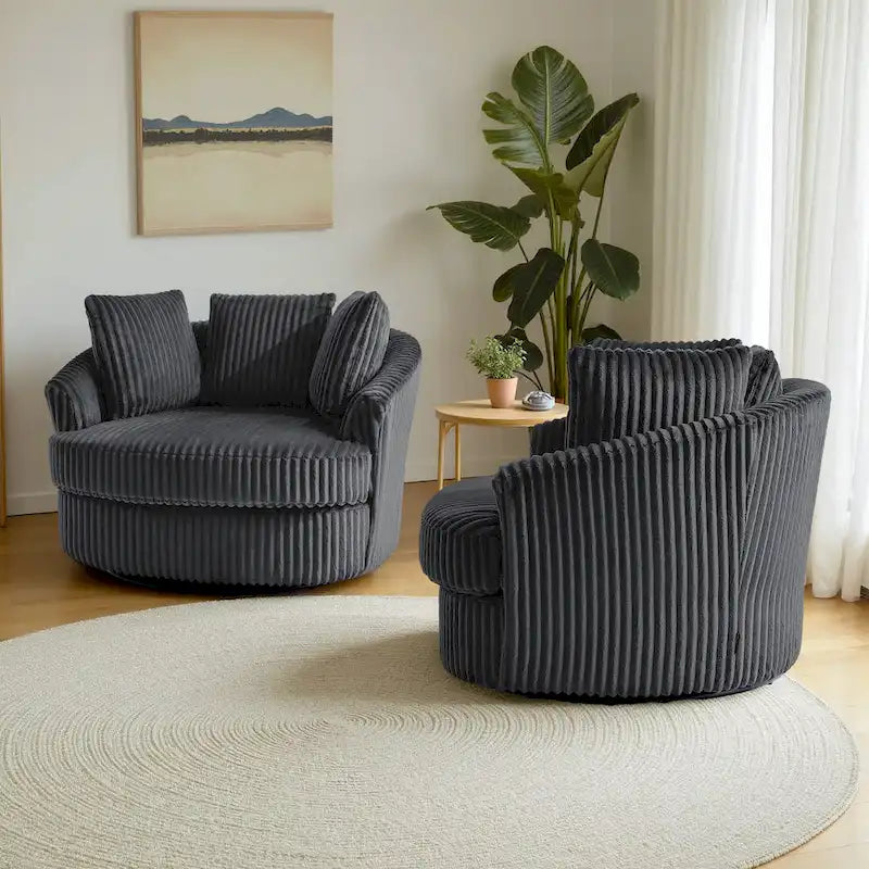 2er-Set übergroßer 43 W Plüsch-Cord-Drehsessel mit Kissen
