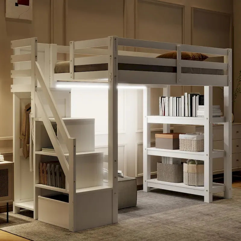 Hochbett mit Stauraumtreppe (Einzel-/Doppelbett) – Regale, Kleiderschrank & LED-Beleuchtung, platzsparendes Design
