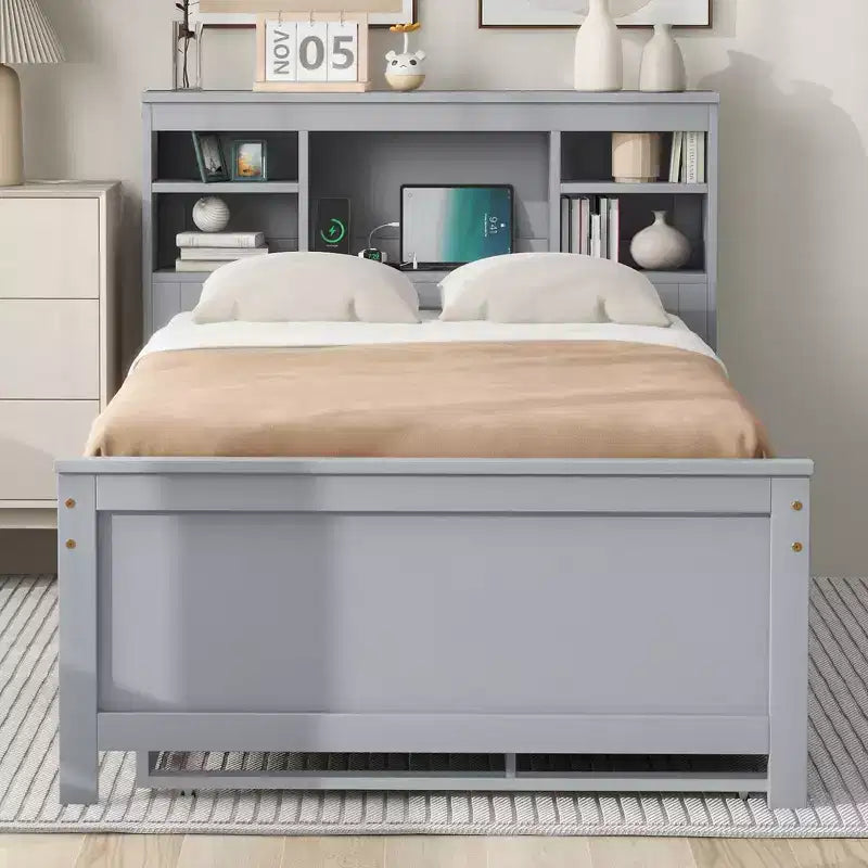 Plattformbett mit Rollbett und Schubladen, Stauraumbett mit USB-Anschluss, Holzbett mit Bücherregal