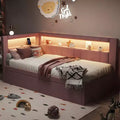 Einzel-/Doppel-Tagesbett mit Ausziehbett und L-förmigem Bücherregal-Kopfteil, gepolstertes Eckbett aus Leinen mit Ablageregalen und LED-Beleuchtung