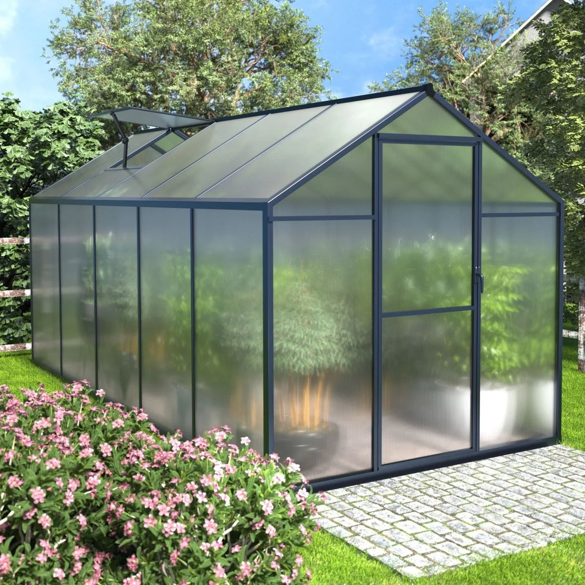 VEIKOUS Aluminium-Gewächshaus-Bausatz mit begehbarem Garten, verstellbarer Dachluke und abschließbarer Tür, Grau