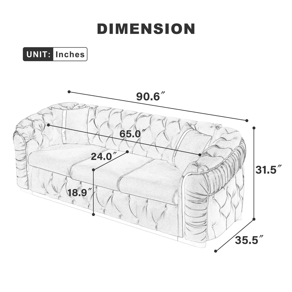 90.6 Samt-Dreisitzer-Sofa mit 2 Kissen, hochdichten Polstern, goldenen Akzenten und Kissen