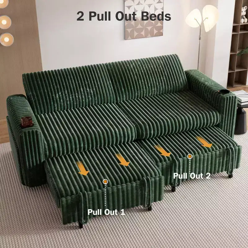 Dyonery 91 Sektional Schlafsofa mit Ausziehbett, verstellbarer Rückenlehne/zwei Ausziehbetten/USB-Anschlüssen/Getränkehaltern, Plüsch-Kordbezug