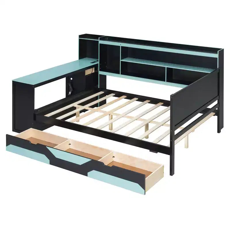 Gaming-Tagesbett (Queen-Size/Full-Size) mit Kopfteilregal, LED-Beleuchtung, integriertem Schreibtisch, Schubladen und Ladestation