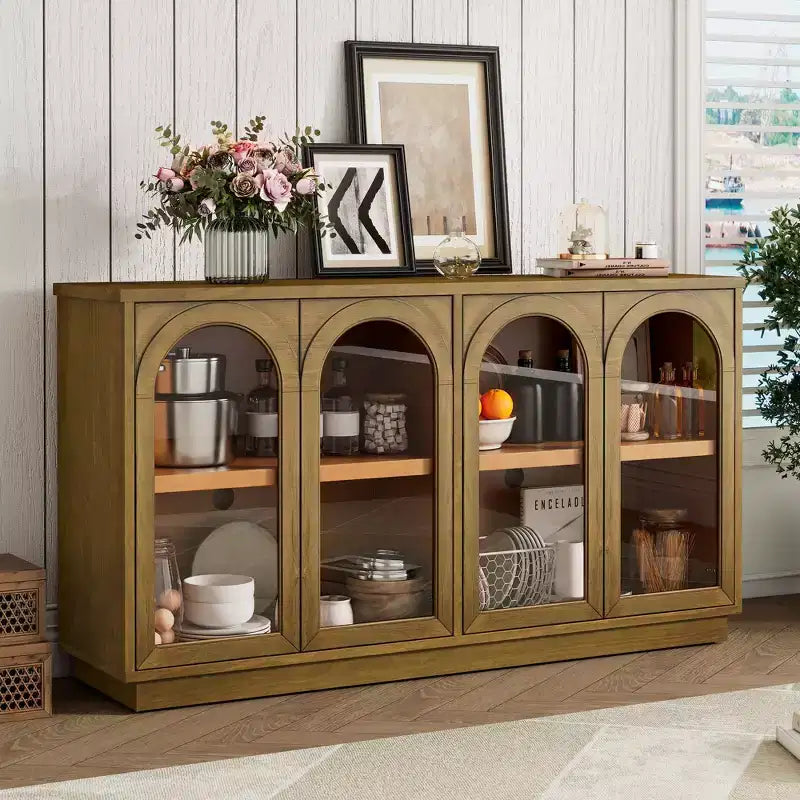 Großes 4-türiges Sideboard mit Glastüren, gewölbtes Sideboard mit verstellbaren Einlegeböden für die Küche