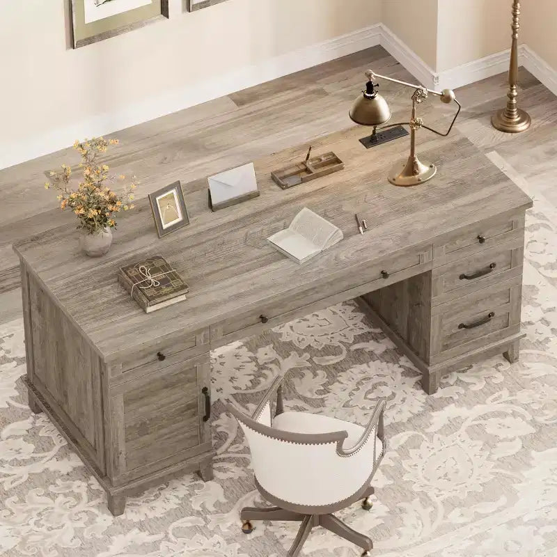 60 Executive Schreibtisch mit Schubladen, Home Office Schreibtisch mit Ladestation, Computer-Schreibtisch aus Holz für Arbeitszimmer, Konferenztisch für Wohnzimmer