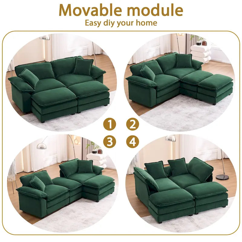 2-Sitzer-Sofa mit 2 Kissen, 2 Polstern und 2 Hockern, bequemes Sofa – Tiefes Wohnzimmersofa, Modulsofa