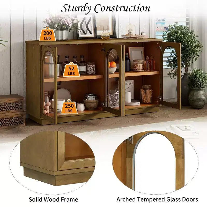 Großes 4-türiges Sideboard mit Glastüren, gewölbtes Sideboard mit verstellbaren Einlegeböden für die Küche