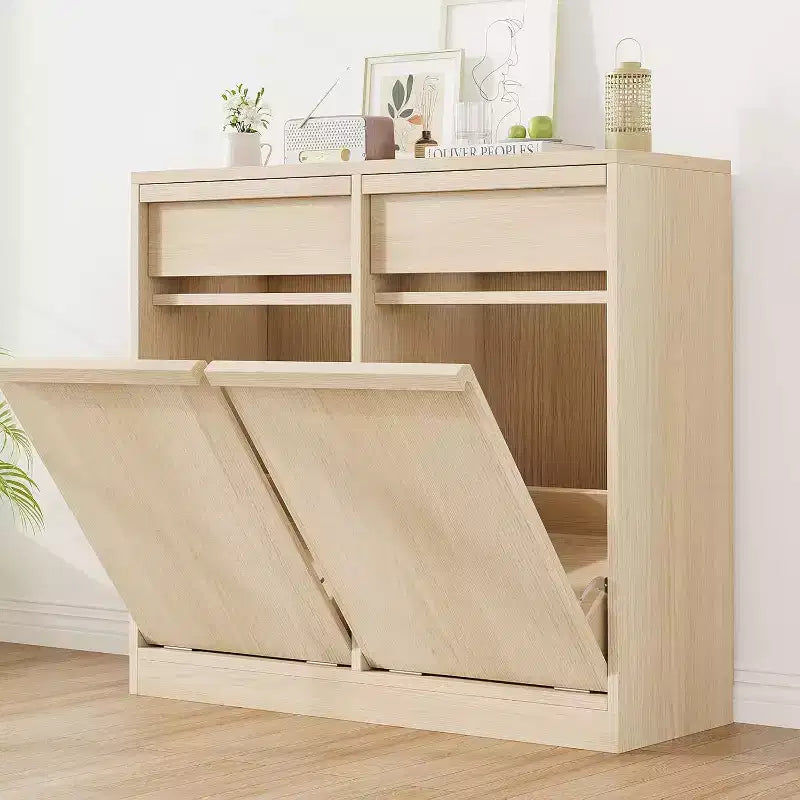 Kippbarer Mülleimer, natürliche Eiche, Mülleimer mit Stauraum und Schublade, versteckter Müllschrank, Wäschekorb für Küche, Esszimmer, Wohnzimmer
