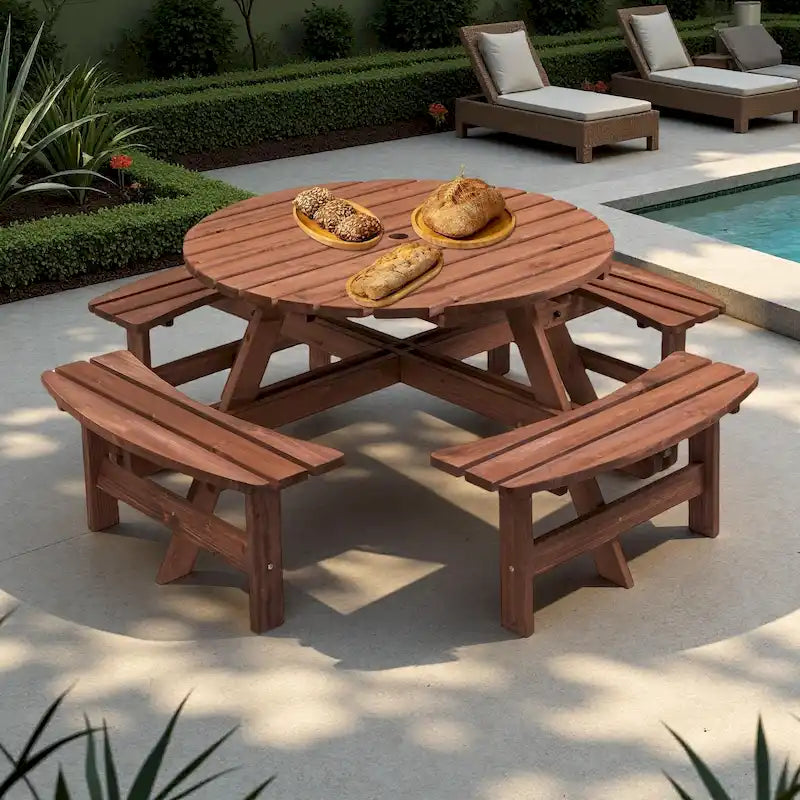 8-Personen Outdoor-Picknick-Esstisch-Garnitur aus Tannenholz, rund, mit 4 integrierten Bänken und Sonnenschirmloch