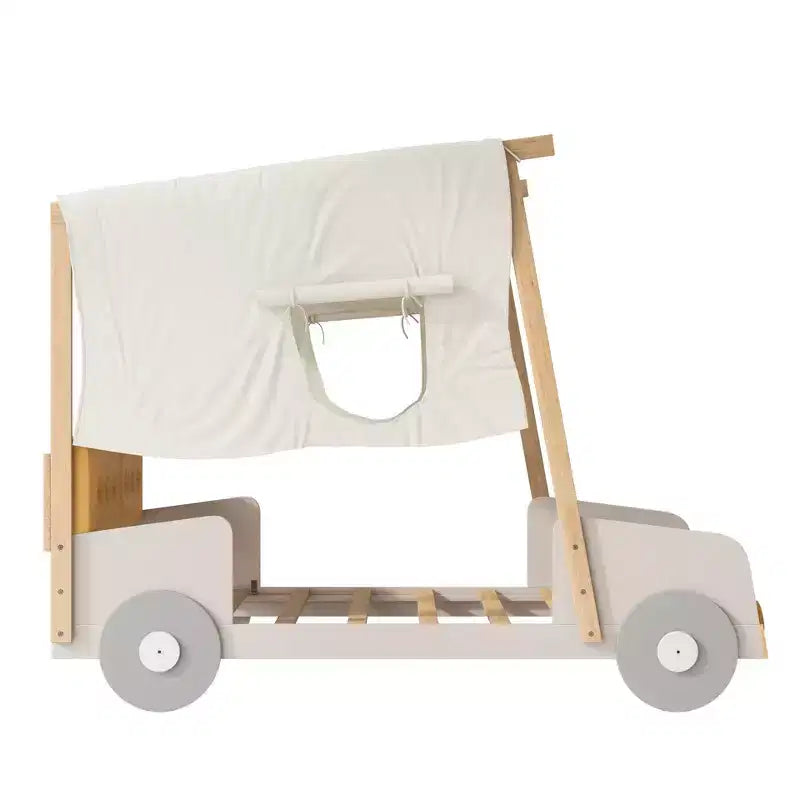 Whisen Holzbett Auto mit Kissen, Decke und LED - Natur