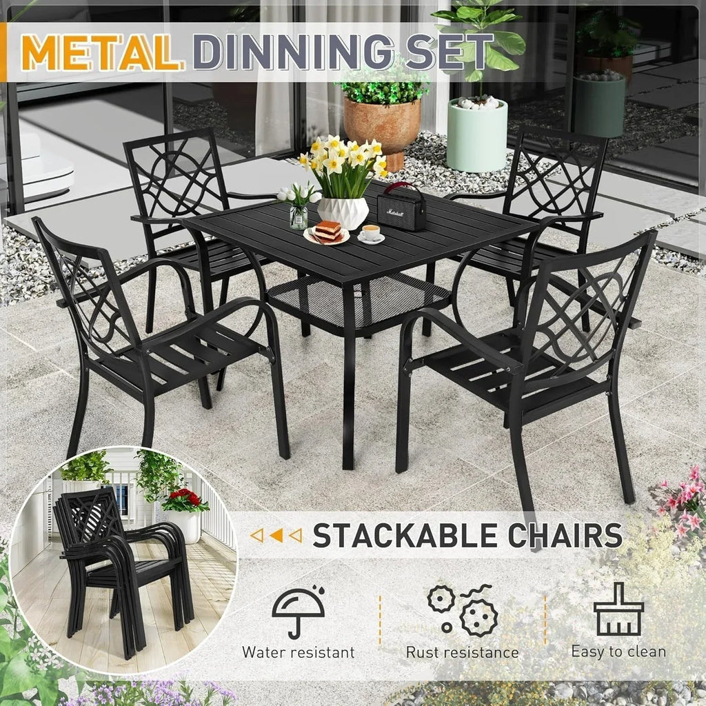 SUNCROWN Garten-Essgruppe 5/7-teilig, Stahl, Tisch mit Metalllatten und stapelbaren Stühlen, pulverbeschichteter Rahmen
