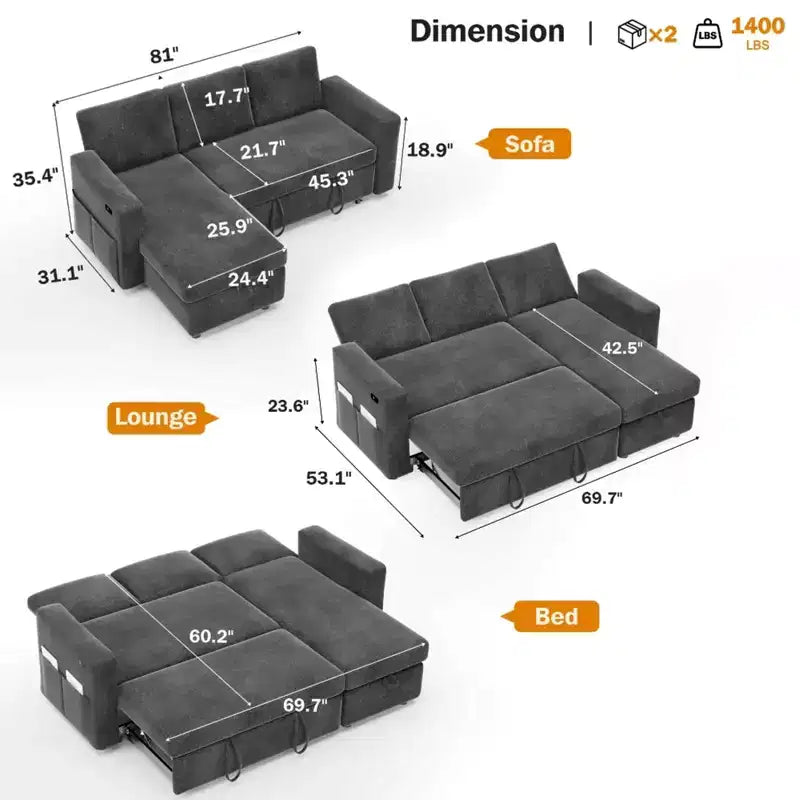 2-in-1 Schlafsofa zum Ausziehen mit Stauraum-Recamiere, Chenille-Ecksofa mit USB-Anschlüssen für das Wohnzimmer