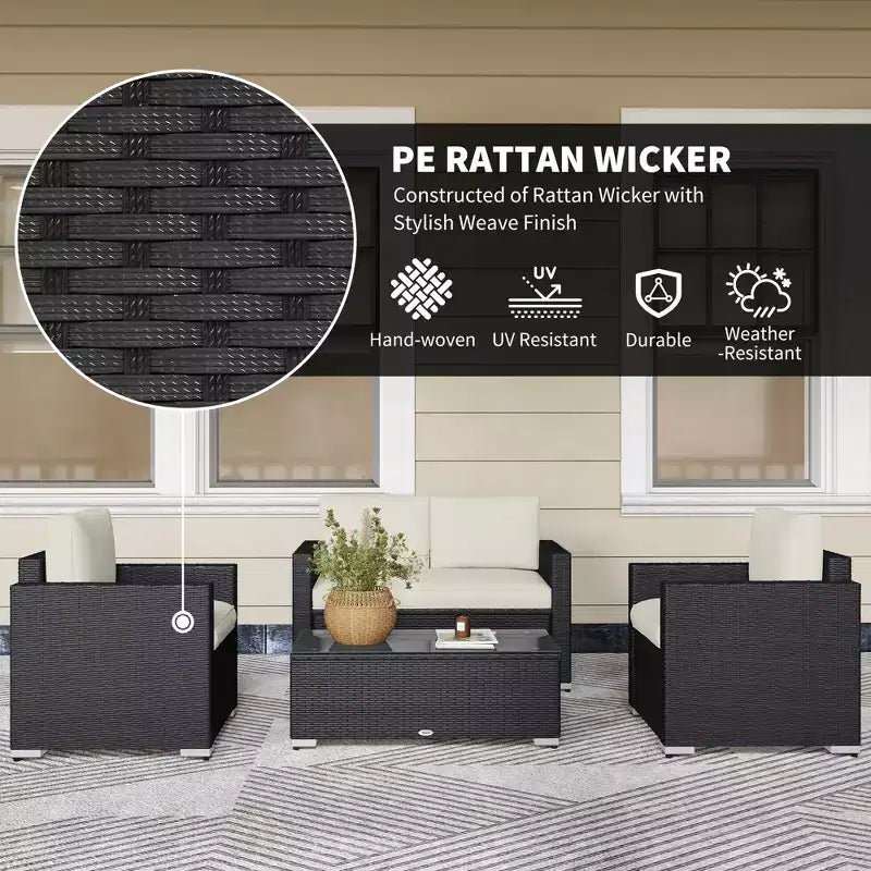 4-teiliges Rattan-Sofa-Set, Korbsessel-Set mit Zweisitzer, Couchtisch mit Glasplatte für Garten und Außenbereich