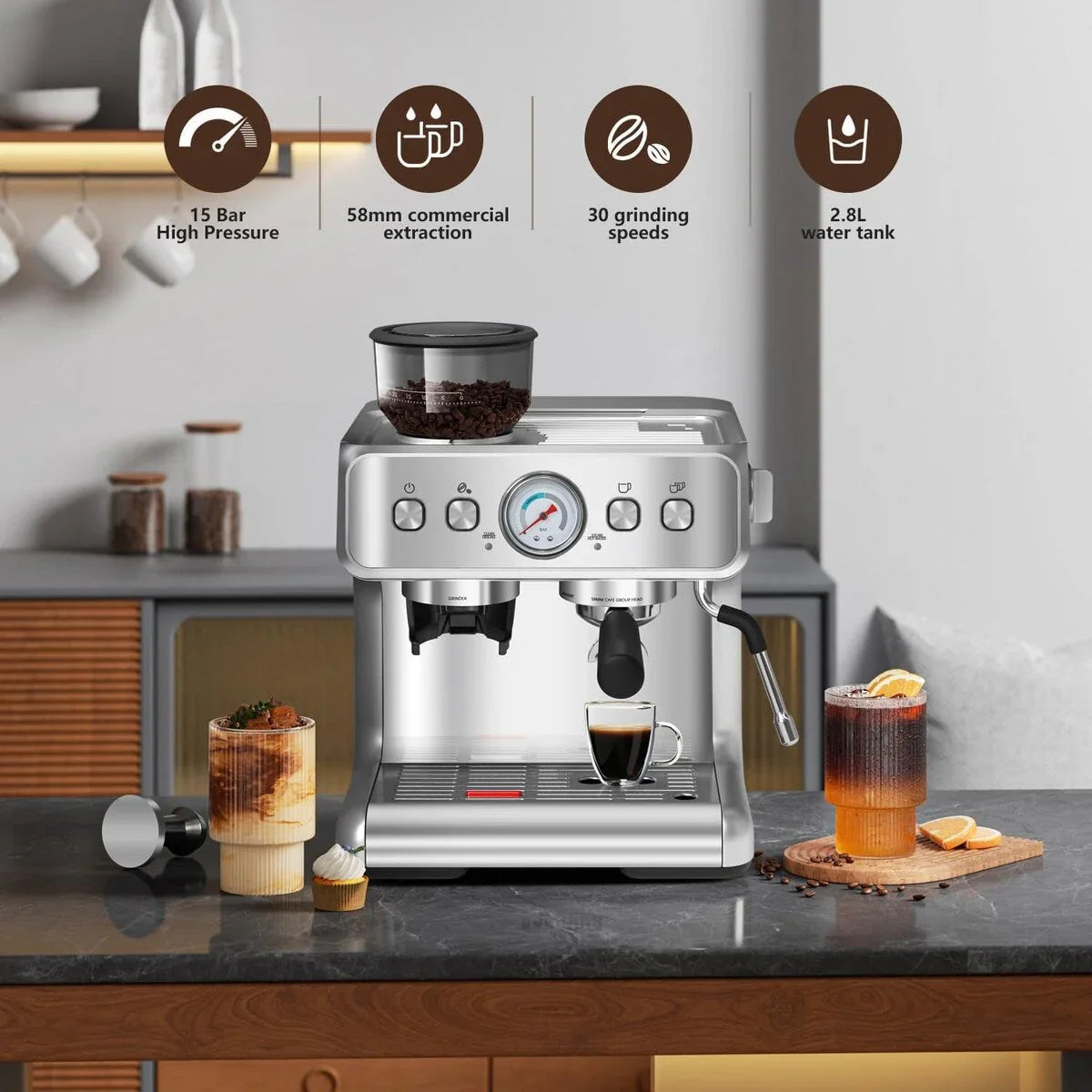 Halbautomatische Kaffeemaschine mit intelligenter Temperaturregelung und Heißwasserfunktion, 30 Mahlgradeinstellungen