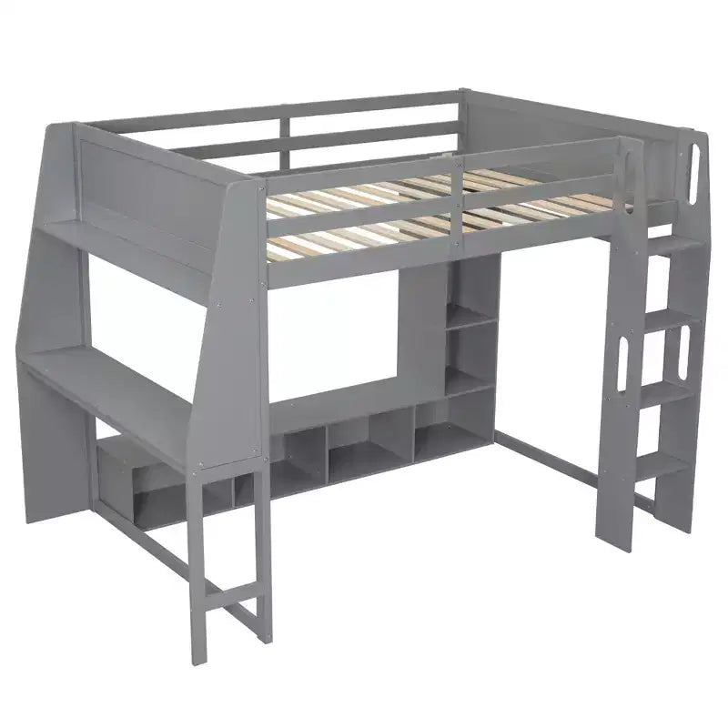 Whisen Wood Gaming-Hochbett (Twin Size) mit Schreibtisch, mehreren Ablagefächern, LED-Beleuchtung und einer Kleiderstange