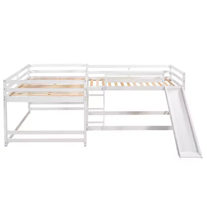 L-förmiges Etagenbett für 4 Kinder, Vierfach-Etagenbett mit Rutsche, Voll- und Twin-Holzrahmen für Schlafzimmer/Wohnheim
