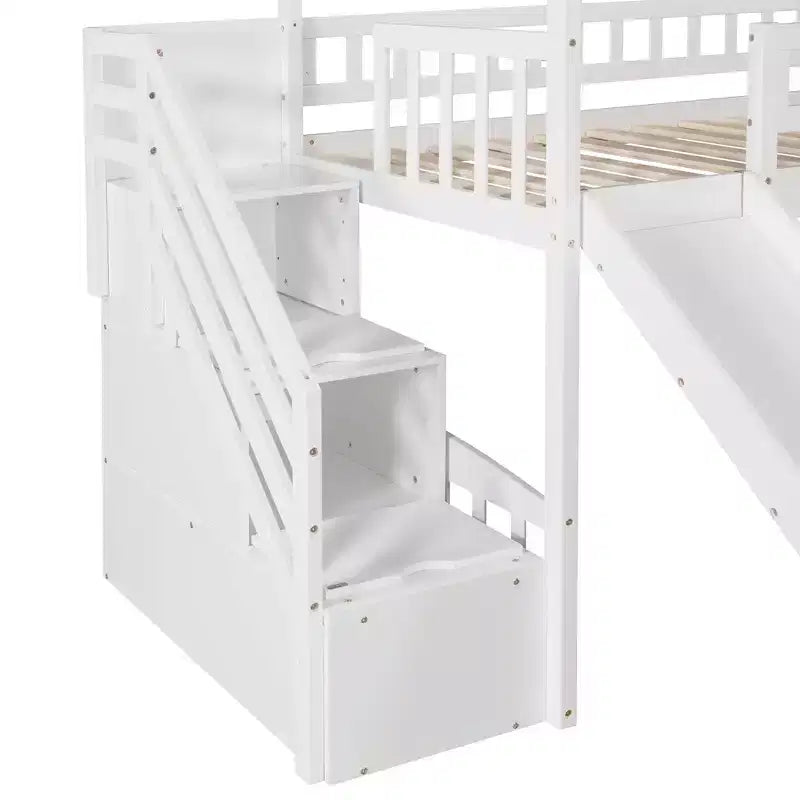 Doppelhaus-Hochbett mit Rutsche und Treppe, Hochbett mit Aufbewahrungsschubladen, Holzhaus-Hochbett für Kinder und Kleinkinder