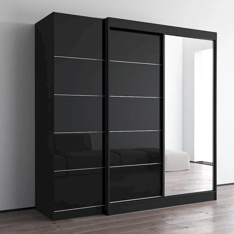 2-türiger Kleiderschrank mit Spiegel, Glasfront, 2-Personen (Grau / Schwarz / Weiß)