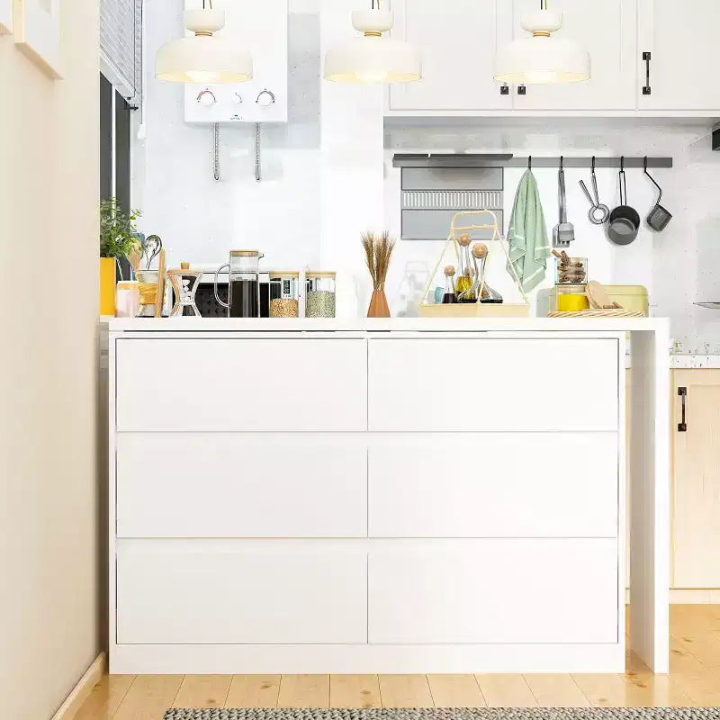 Intelligentes, drehbares/ausziehbares Buffet-Sideboard mit 6 Schubladen, erweiterter Arbeitsplatte, rutschfester Matte, drehbarem Esstisch, Kücheninsel-Vorratskammer