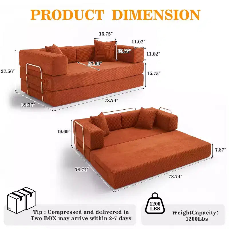Dyonery 78 Klappsofabett, umwandelbare Kordsofa-Couch, King-Size-Bodenschläfer, 4-in-1 DIY-Kombination, modulares Sofabett, ausklappbares bequemes Sofa.