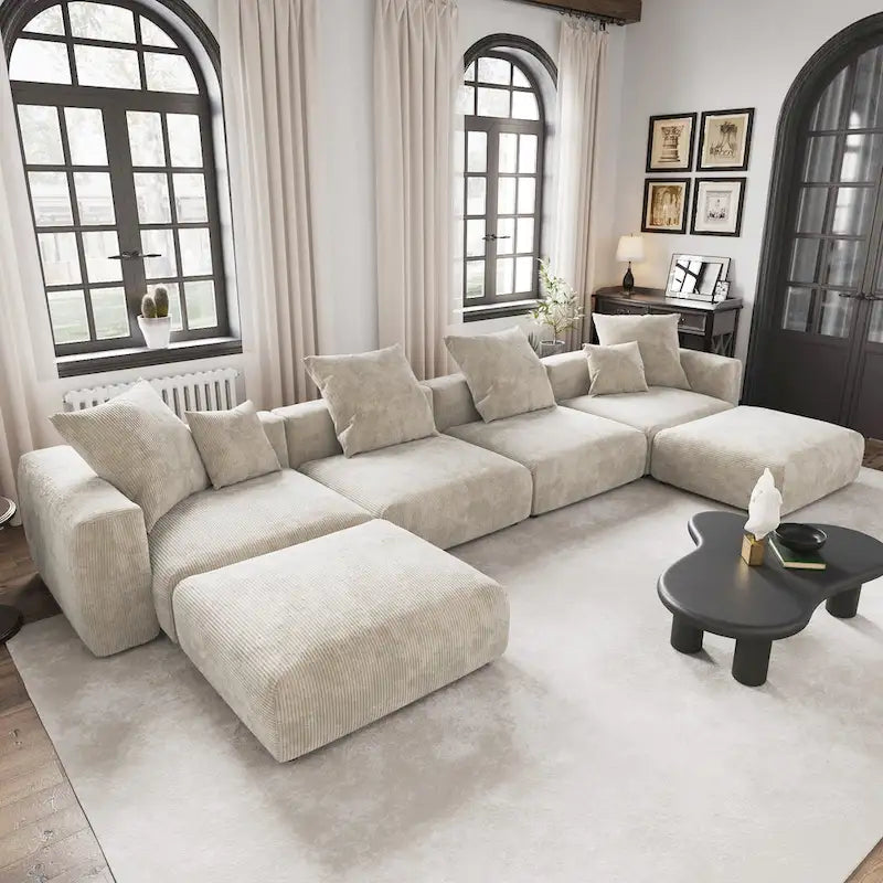 Großes modulares Ecksofa, Kordbezug, U-förmig, 4-Sitzer mit 2 Ottomanen und 5 Kissen