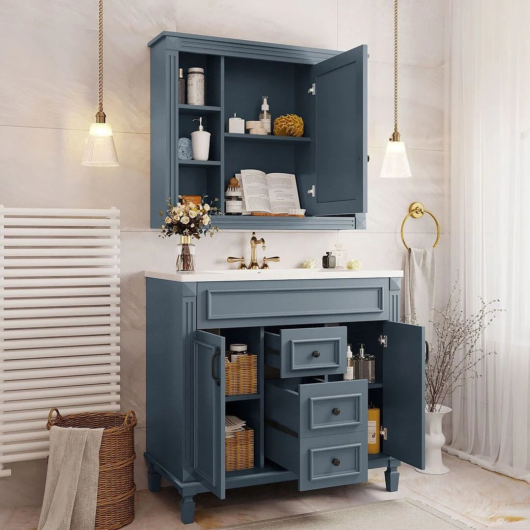 Moderner 36'' Badschrank mit Aufsatzwaschbecken und Spiegelschrank, 2 Türen und 2 Schubladen