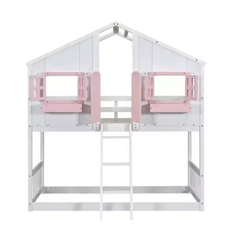 Doppel-Loftbett in Hausform, Holzspielhaus-Loftbett mit Leiter und Schutzgittern für Kinder