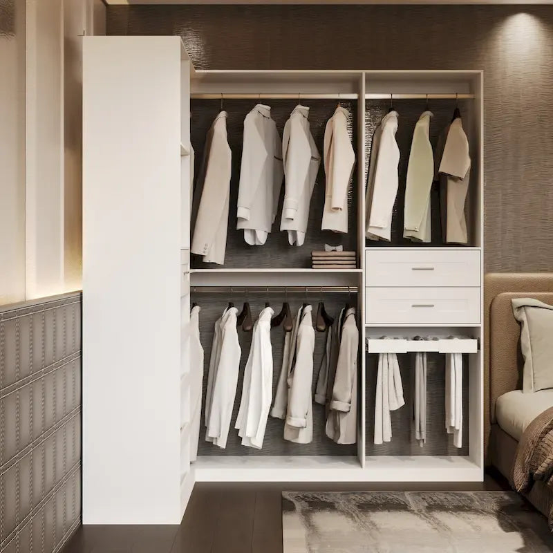 Eckkleiderschrank mit 2 Kleiderstangen, Hosenhalter und Schuhaufbewahrung