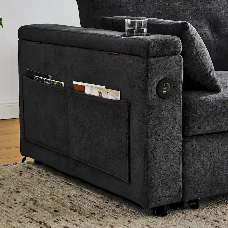 54 Schlafsofa zum Ausziehen, 2-Sitzer-Schlafsofa mit Stauraum, Lendenkissen, USB-Steckdose
