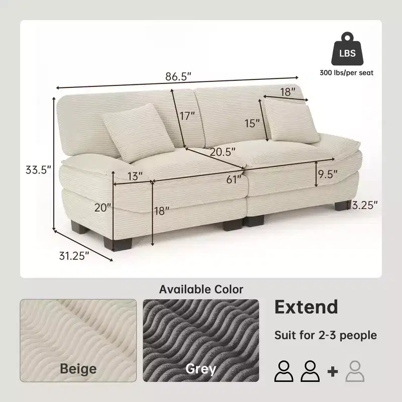 Beige Kordsamtsofa 87 mit 2 Kissen, Segelboot-förmiges tiefes Sofa für Wohnzimmer, kleine Räume, Büro, Apartment – Morden Fort