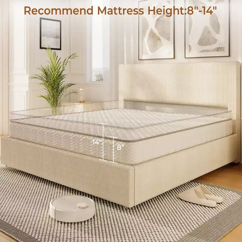CuisinSmart Corduroy-Bettrahmen mit Kopfteil, gepolsterter Plattform-Bettrahmen mit 4 Schubladen und Holzlattenrostunterstützung