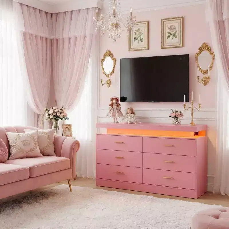 Moderner TV-Schrank mit 6 Schubladen & LED-Beleuchtung, schwebende Arbeitsplatte als Kaffeebar für Wohnzimmer Entertainment Center