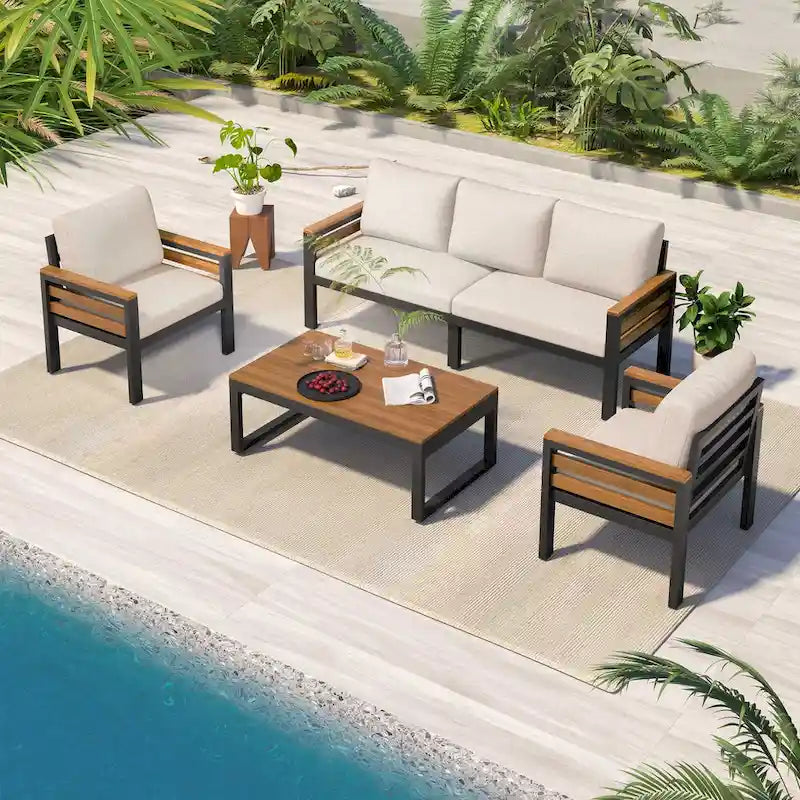 4-teiliges Outdoor-Sofa-Set für 5 Personen mit Couchtisch aus Massivholz und abnehmbaren Kissen