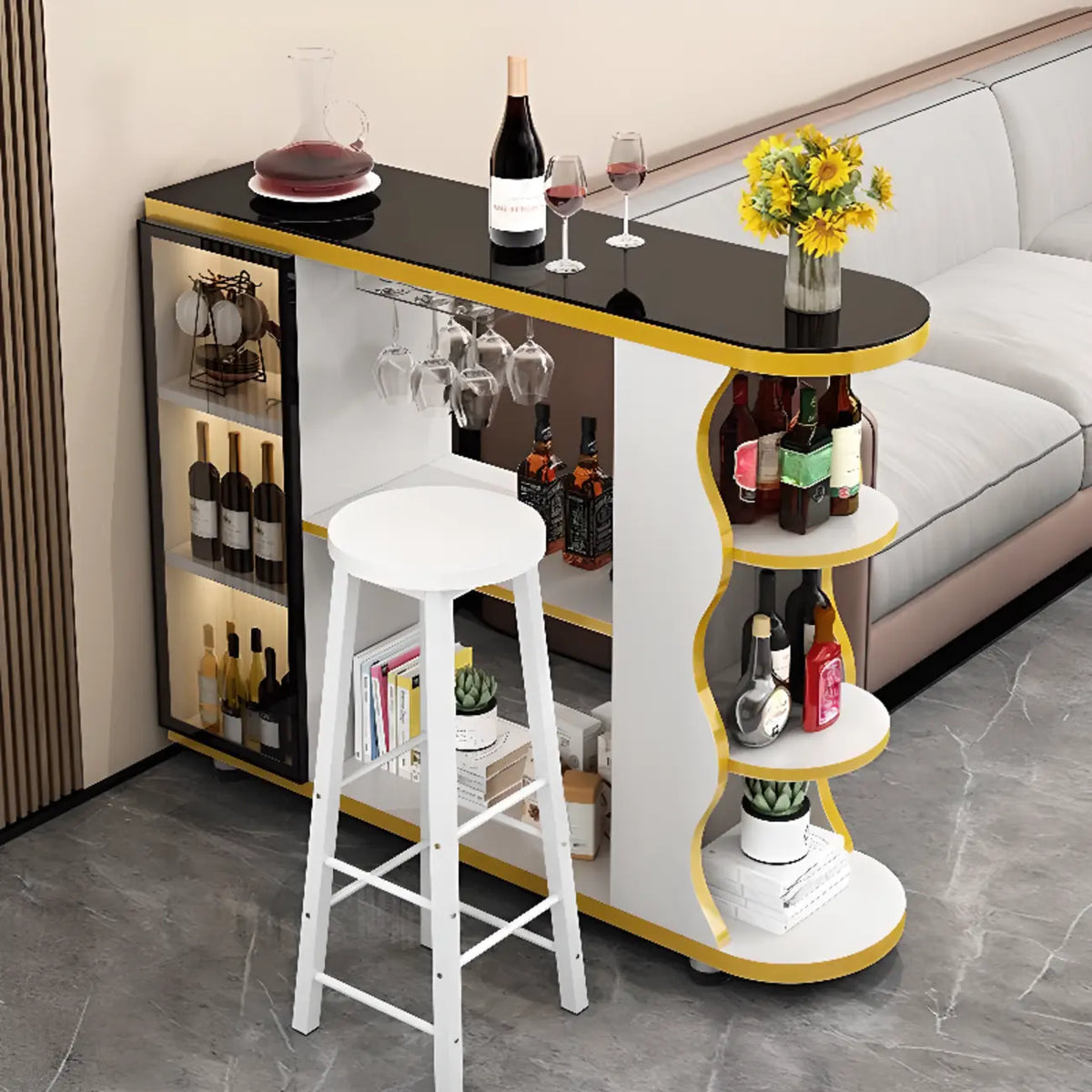 Moderner Bartisch mit Natursteinplatte in Freiform und Stauraum für Hausbars