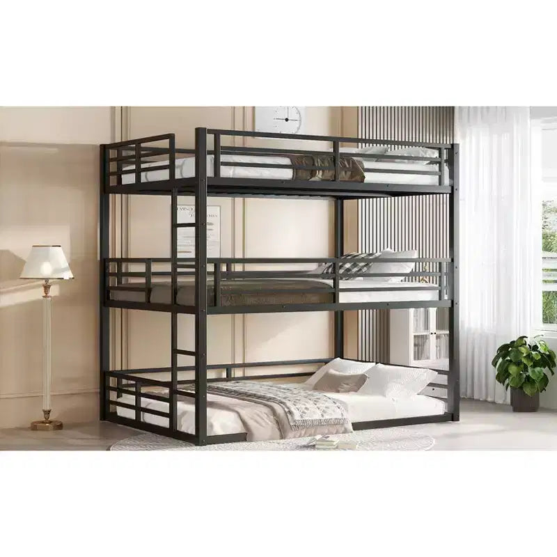 Etagenbett für drei Personen, Full über Full über Full, aus Metall, mit Sicherheitsgeländern, strapazierfähiges Etagenbett mit geräuschreduziertem Design, Schwarz