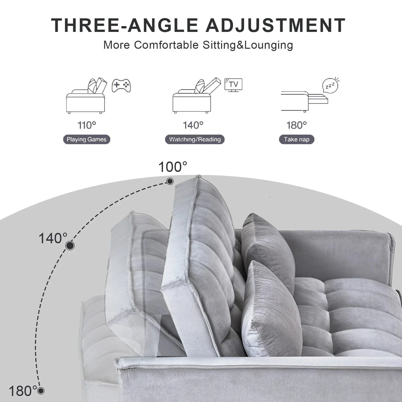 Modernes Schlafsofa zum Ausziehen, 3-in-1 Schlafsofa mit verstellbarer Rückenlehne, Samt-Zweisitzer, Kissen & Seitentaschen