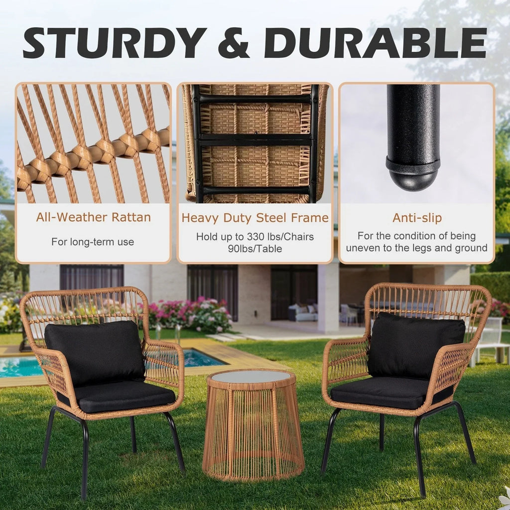 3-teiliges Outdoor-Bistro-Set aus Korbstühlen, witterungsbeständige Rattanmöbel-Sitzgruppe mit Kissen