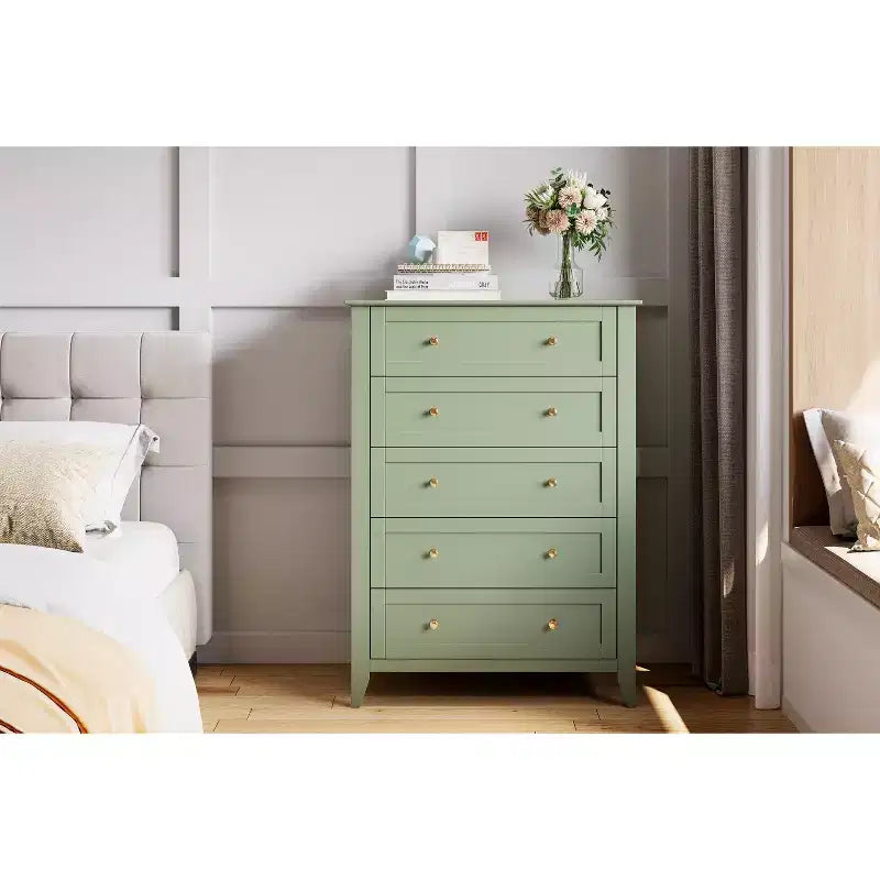 5-Schubladen-Kommode, 108 cm hoch, für das Schlafzimmer, Holzschrank mit 30 cm tiefen Schubladen und goldenen Metallgriffen, ideal für den Eingangsbereich oder Flur