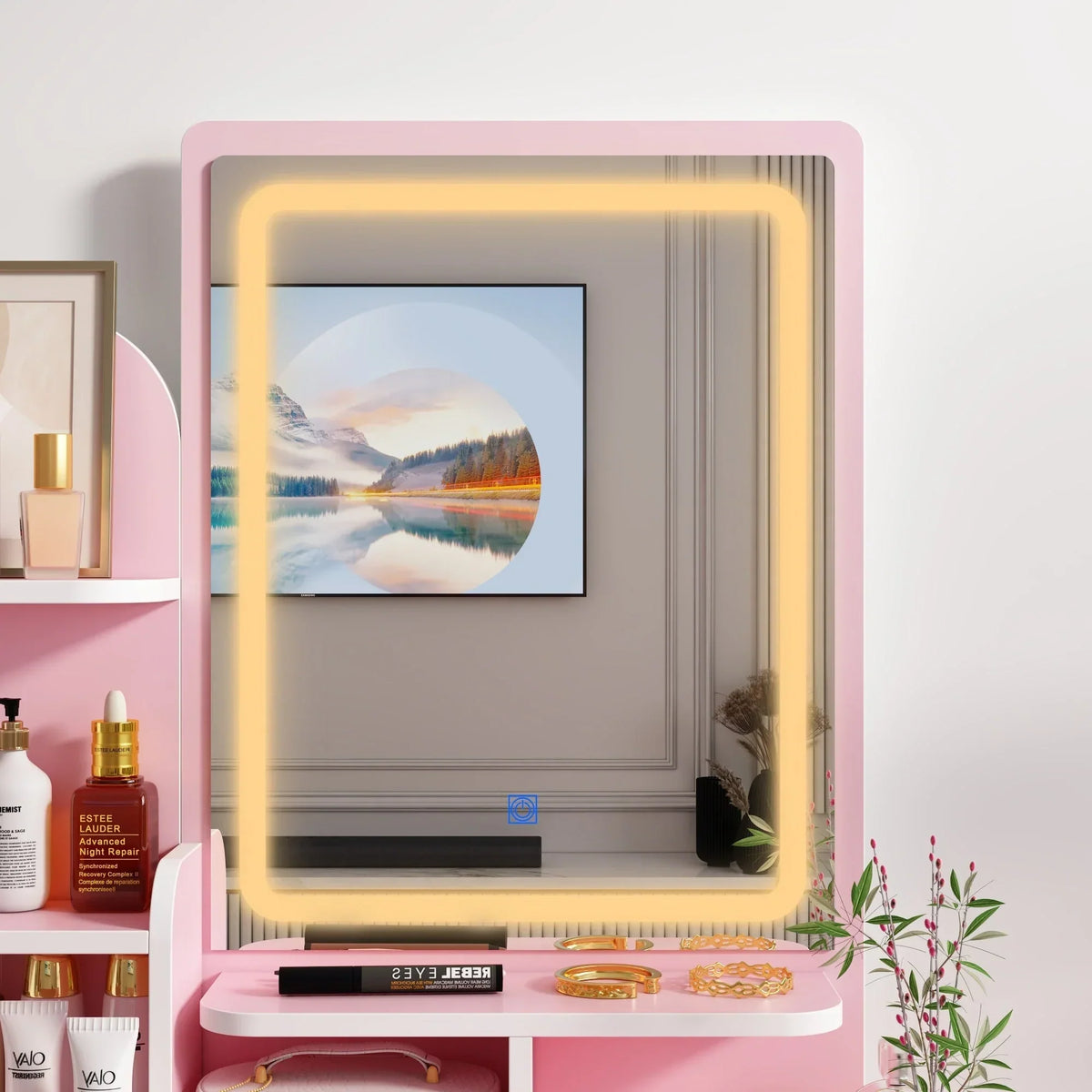 Schminktisch-Set mit LED-Beleuchtung, Spiegel und Hocker