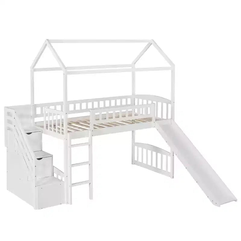 Doppelhaus-Hochbett mit Rutsche und Treppe, Hochbett mit Aufbewahrungsschubladen, Holzhaus-Hochbett für Kinder und Kleinkinder